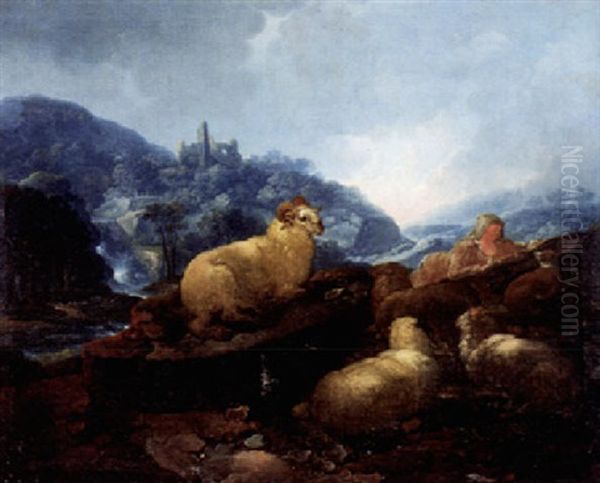 Landschaft Mit Schafen Und Hirtin Oil Painting by Johann Melchior Roos