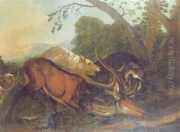 Hounds Attacking A Stag In An Italianate Landscape Oil Painting by Johann Melchior Roos