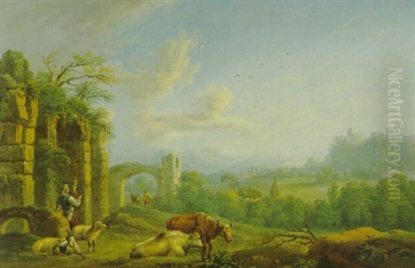 Landschaft Mit Ruinen Und Einer Herde Oil Painting by Johann Melchior Roos