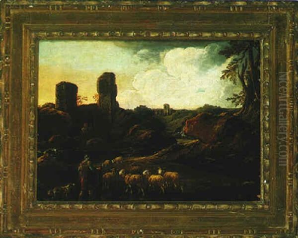 Southern Landscape With A Herdsman And His Flock Oil Painting by Johann Melchior Roos