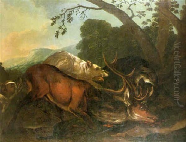 Hounds Attacking A Stag In An Italianate Landscape Oil Painting by Johann Melchior Roos