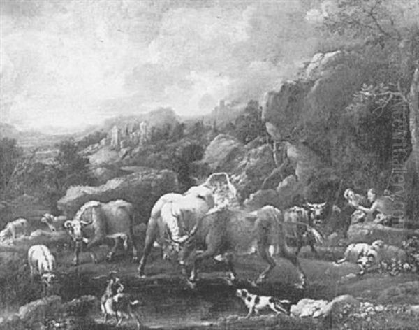 Mountainous Landscape With Two Figures And Various Animals Oil Painting by Johann Melchior Roos