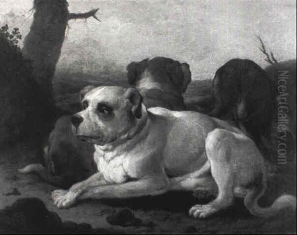 Three Dogs In A Landscape Oil Painting by Johann Melchior Roos