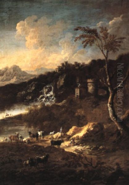 Italianate Landscape With Figures And Animals Oil Painting by Johann Melchior Roos