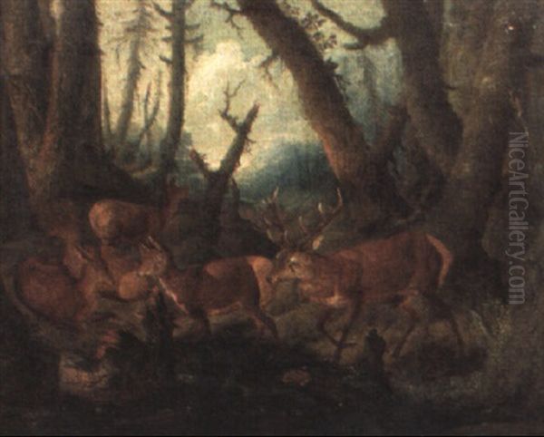 Wooded Landscapes With Bears And Deer Oil Painting by Johann Melchior Roos