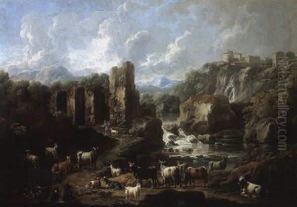 Mountainous Landscape With Cattle And Goats Resting Near A Waterfall Oil Painting by Johann Melchior Roos