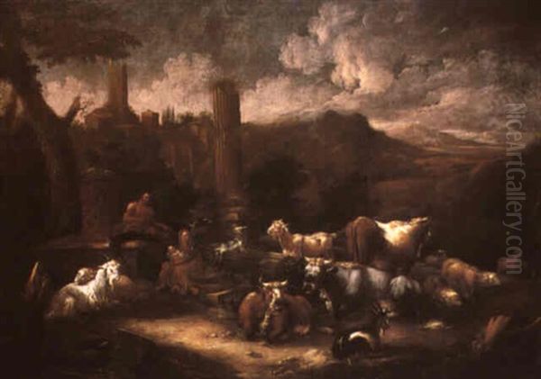 Cattle And Goats In Italianate Landscapes With    Classical Ruins Oil Painting by Johann Melchior Roos