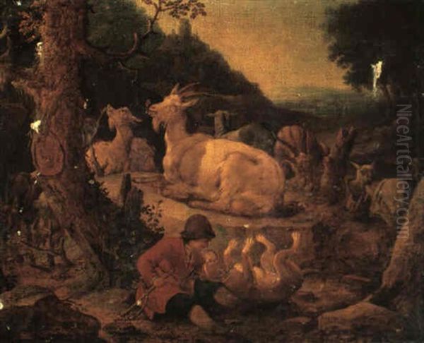 A Goat Herd Playing With His Dog While His Animals Rest     Behind Him Oil Painting by Johann Melchior Roos