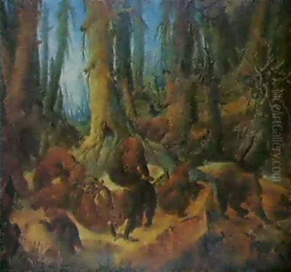 Bears Playing In A Pine Forest Oil Painting by Johann Melchior Roos