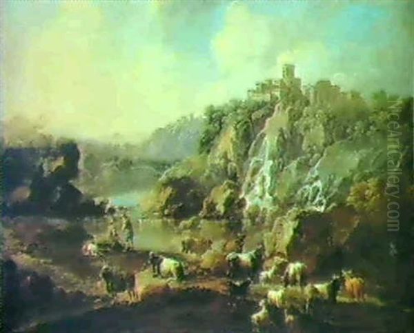 Figures With Cattle And Goats Beside A Lake In A Rocky      Italianate Landscape Oil Painting by Johann Melchior Roos