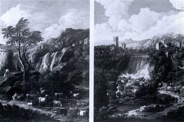 Mountainous River Landscapes With Figures And      Cattle Oil Painting by Johann Melchior Roos