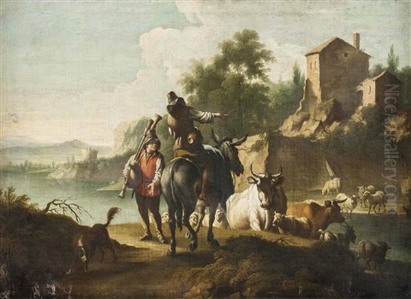 Begegnung Von Jungem Sackpfeifenblaser Und Hirte Mit Herde In Flusslandschaft Oil Painting by Joseph Roos