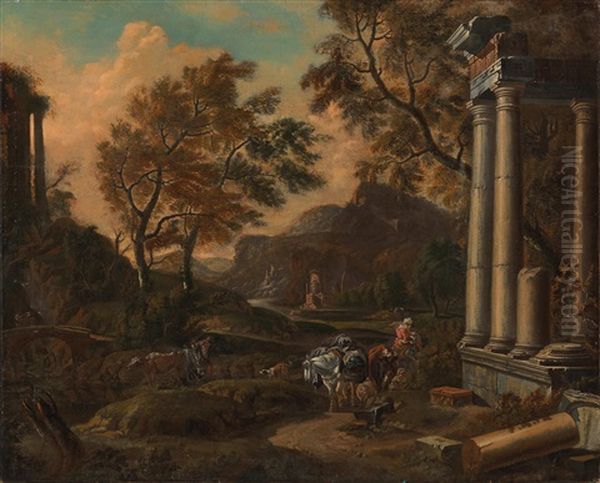 A Southern Landscape With Ancient Ruins And Travellers Oil Painting by Joseph Roos