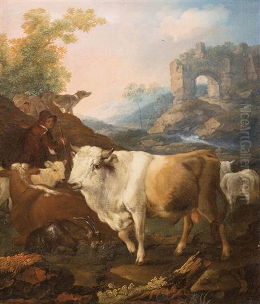 Pastorale Italienische Ideallandschaft Mit Rastendem Hirt Oil Painting by Joseph Roos