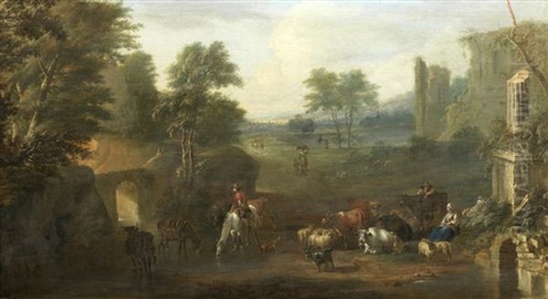 Drovers With Their Flocks Before An Extensive River Landscape Oil Painting by Joseph Roos