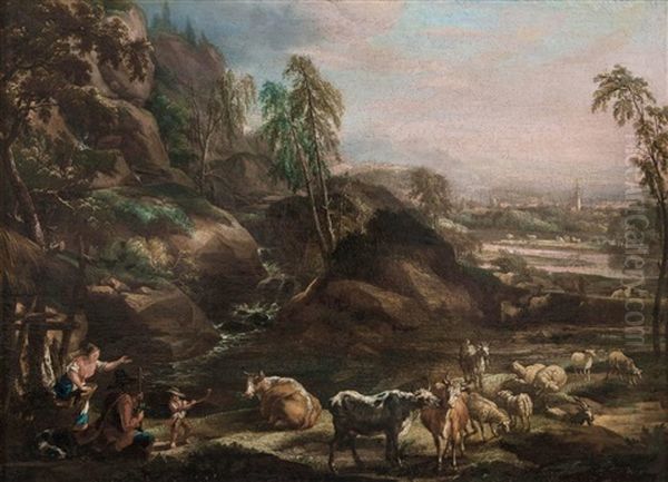 Felsen Mit Wasserfall Und Weitem Landschaftsausblick Mit Hirtenfamilie Sowie Einer Herde Von Rindern Und Schafen Oil Painting by Joseph Roos