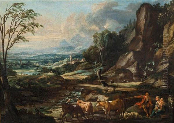 Felsen Mit Bach Und Brucke, Weitem Landschaftsausblick Mit Hirtenfamilie Sowie Rinder- Und Schafherde Oil Painting by Joseph Roos