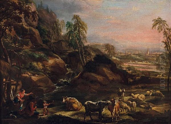 Felsen Mit Wasserfall Und Weitem Landschaftsausblick Mit Hirtenfamilie Sowie Einer Herde Von Rindern Und Schafen Oil Painting by Joseph Roos