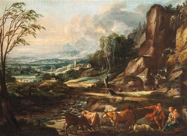 Felsen Mit Bach Und Brucke, Weitem Landschaftsausblick Mit Hirtenfamilie Sowie Rinder- Und Schafherde Oil Painting by Joseph Roos