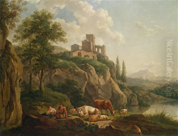 Sudliche Landschaft Mit Hirten Am Wasser Und Hochgelegener Burg Oil Painting by Joseph Roos