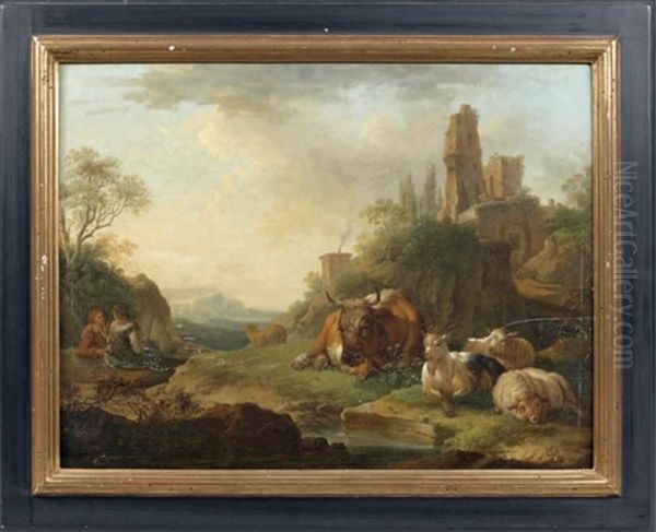 Couple De Patres Et Leurs Animaux Dans Un Paysage Surmonte De Ruines Oil Painting by Joseph Roos