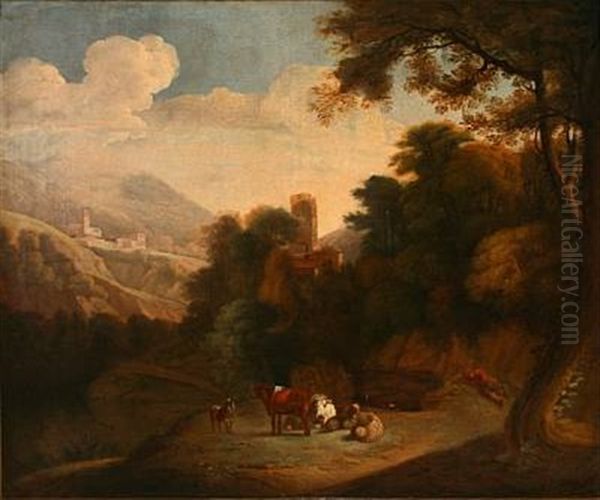 Southern Landscape With A Shepherd And His Herd Oil Painting by Joseph Roos