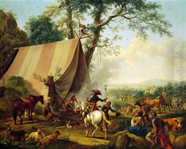 Soldaten, Bauern Und Hirten, Vor Einem Marketenderzelt In Einer Weiten Landschaft, Im Hintergrund Ein Dorf Oil Painting by Joseph Roos