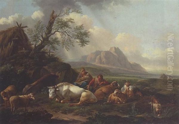 Lagernde Hirtenfamilie Mit Vieh Nahe Einer Strohgedeckten Hutte In Weiter Gebirgslandschaft Oil Painting by Joseph Roos