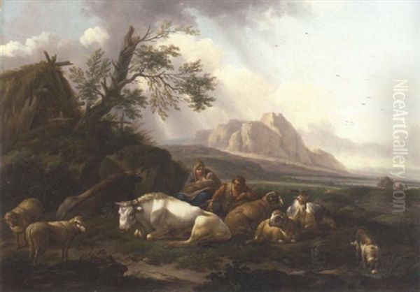 A Shepherd And His Family With Their Livestock Resting By A Cottage In A Rocky Landscape Oil Painting by Joseph Roos