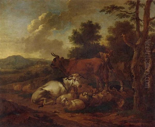 A Landscape With A Herder And His Dog Tending To His Animals Oil Painting by Joseph Roos