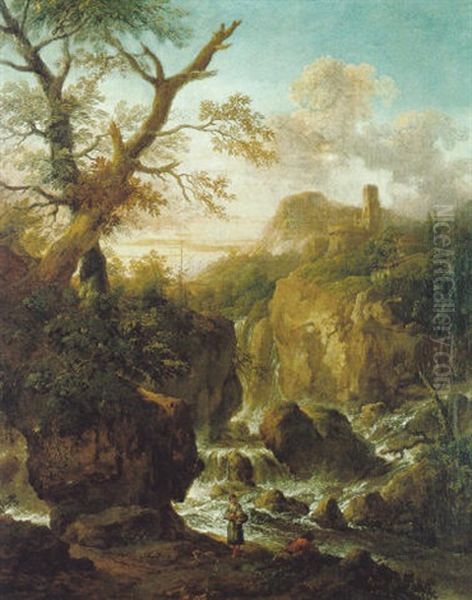 Gebirgslandschaft Mit Einem Wasserfall Und Rastenden, Im Hintergrund Eine Turmruine Oil Painting by Joseph Roos