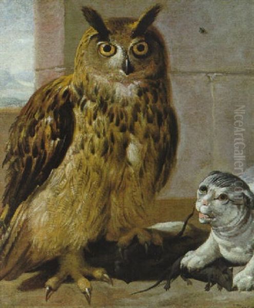 Eine Eule Und Eine Katze Als Mausefanger Oil Painting by Joseph Roos