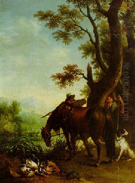 Hunters Shooting Duck By A Pond Oil Painting by Joseph Roos