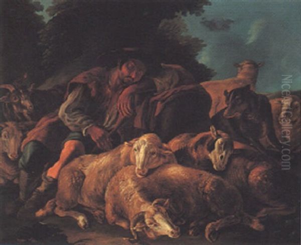 Herdsmen Resting With Sheep And Goats Oil Painting by Joseph Roos