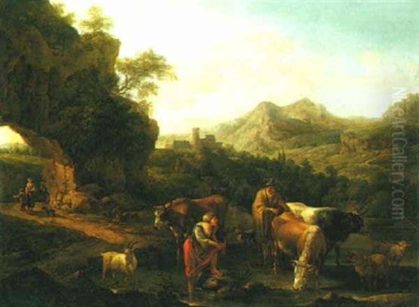 A Shepherd And Shepherdess With Their Flock At A Pool Oil Painting by Joseph Roos