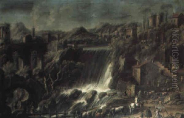 A Capriccio Of A Ruin By A Waterfall, With Peasants And Gentlefolk Oil Painting by Joseph Roos