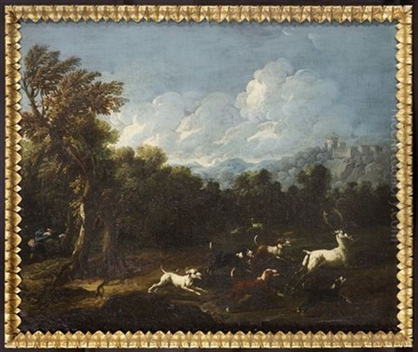 Landscape With A Stag Hunt Oil Painting by Philipp Peter Roos