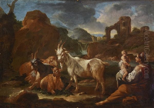 Shepherdess With Child And Herd In Landscape With Ruins Oil Painting by Philipp Peter Roos