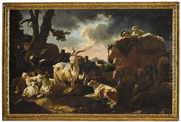 A Pastoral Landscape With Goats, A Herder And His Dogs Oil Painting by Philipp Peter Roos