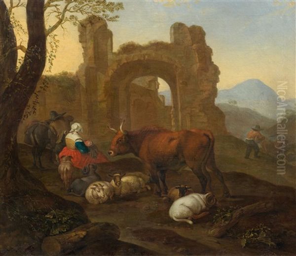 Family Of Herders Before A Set Of Ruins Oil Painting by Theodor Roos