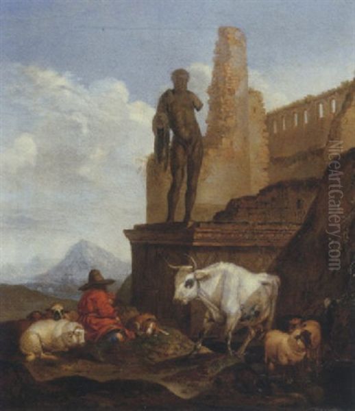 An Italianate Landscape With A Shepherd Resting With Cattle Oil Painting by Theodor Roos