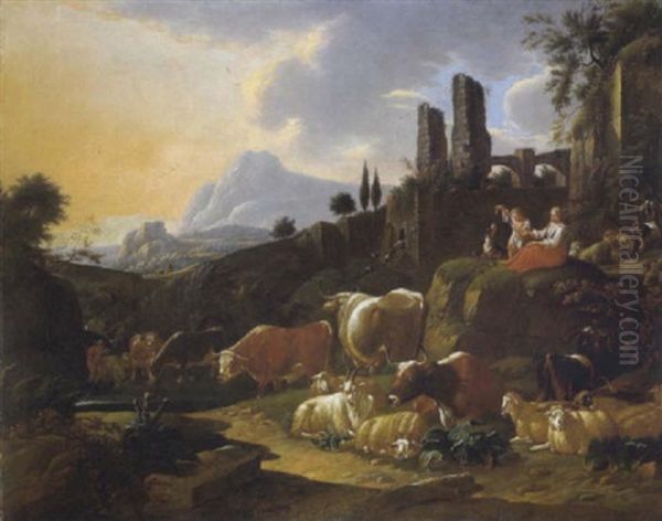 Hirtenszene In Der Romischen Campagna Oil Painting by Theodor Roos