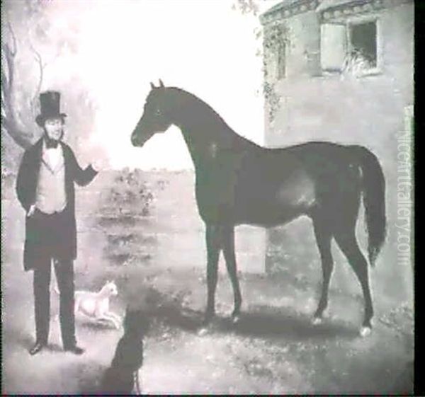 A Gentleman With His Hunter And Two Dogs In A Stable Yard Oil Painting by William Roos