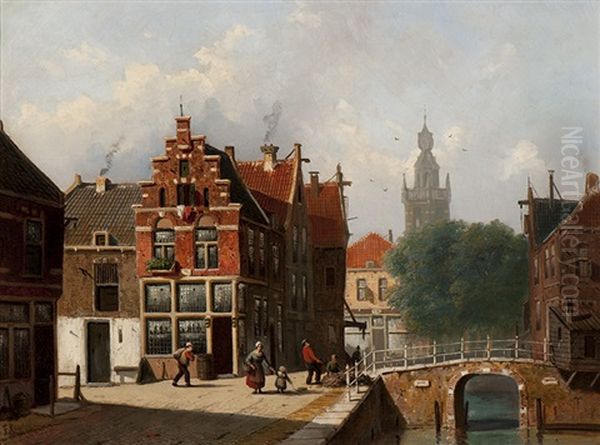 Dutch Townscape With A View Of A Church Tower Oil Painting by Frederik Roosdorp