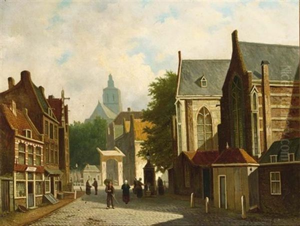 Townsfolk In A Sunlit Dutch Town Oil Painting by Frederik Roosdorp