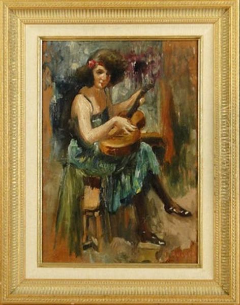 Femme A La Guitare (+ Portrait De Dame, Verso) Oil Painting by Gerard Roosen