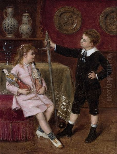 Two Children In An Interior Oil Painting by Albert Roosenboom