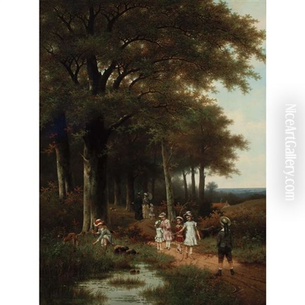 Children Playing Along A Forest Path Oil Painting by Albert Roosenboom