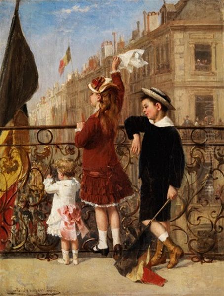 Winkende Kinder Bei Einem Fest In Der Stadt by Albert Roosenboom