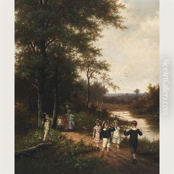 Children Playing Along A Riverside Path At Recess (collab. W/hendrik Pieter Koekoek) Oil Painting by Albert Roosenboom